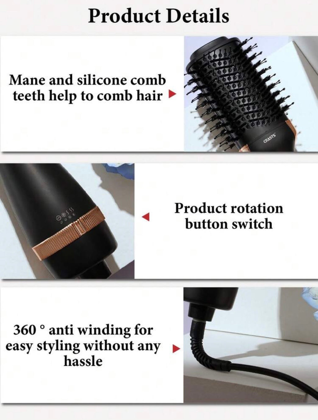 CRASTS Hair Dryer Brush, 3-Speed Temperature And Airflow Settings, Volumizing, Straight & Wavy Styling, 2-In-1 Blow Dryer And Brush