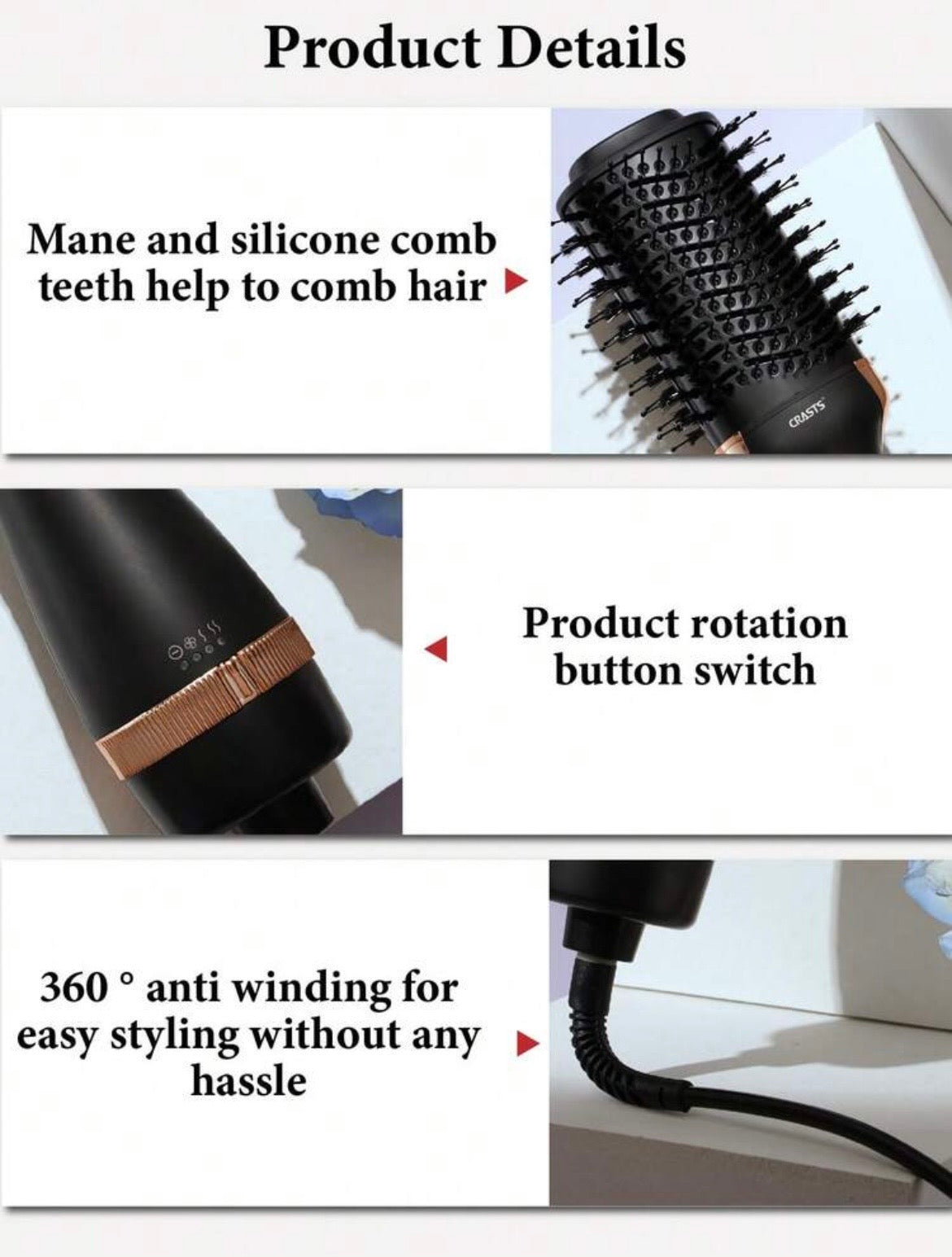CRASTS Hair Dryer Brush, 3-Speed Temperature And Airflow Settings, Volumizing, Straight & Wavy Styling, 2-In-1 Blow Dryer And Brush