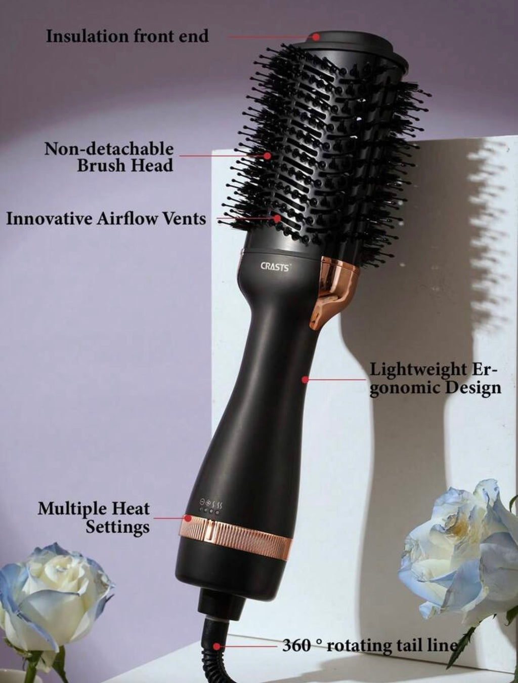 CRASTS Hair Dryer Brush, 3-Speed Temperature And Airflow Settings, Volumizing, Straight & Wavy Styling, 2-In-1 Blow Dryer And Brush